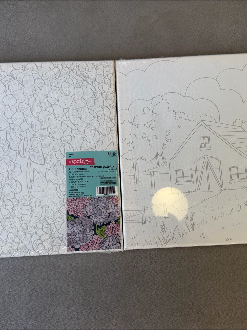 2 Canvas Paint Kits hydrangea, flowers, and barn scene